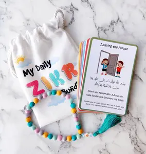 My Daily Zikr Bundle for Kids – Islamic Dua Flash Cards with Arabic, English & Illustrations | Includes Tasbeeh Beads & Pouch | Learn Daily Duas for Salah, Leaving Home, Eating & More | Muslim Gift Set for Children