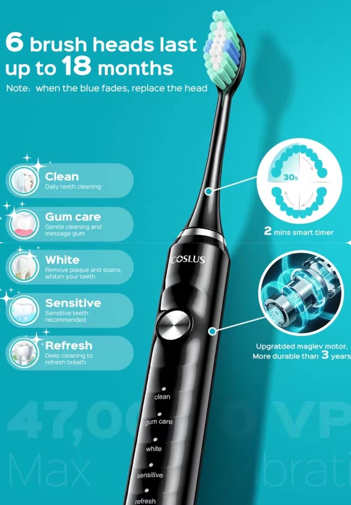 6 Replacement Brush Heads Electric Toothbrush with 47,000 VPM and 10x Cleaning Power - Cleansing, Wireless Charging, IPX Waterproof