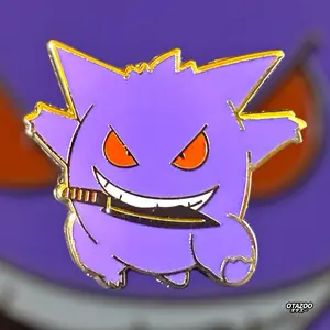 Gengar Pin Anime Ghost Enamel Pin - Sneaky Grin with Blade Collectible Pin Featuring a Purple Character with Orange Eyes