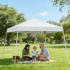 10x10 Pop Up Canopy Tent, White Slant Leg Quick Outdoor Shelter for Beach & Backyard, 150D Oxford Fabric Sun Shade with UV Protection, Portable Gazebo with Wheeled Bag, 1 Pack, 5-6 Seats, Ground Stakes