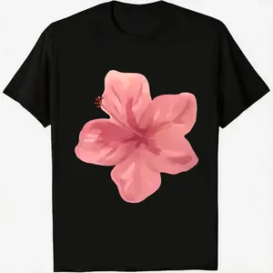 Men Unisex Crewneck Watercolor Pink Hibiscus Flower Print Tshirt, Tropical Floral Art Graphic Top, 180GSM Cotton Blend Fabric, Slim Fit Vintage Classic Black Tee, Soft Smooth Short Sleeve Clothes, Casual Summer Botanical Statement Wear