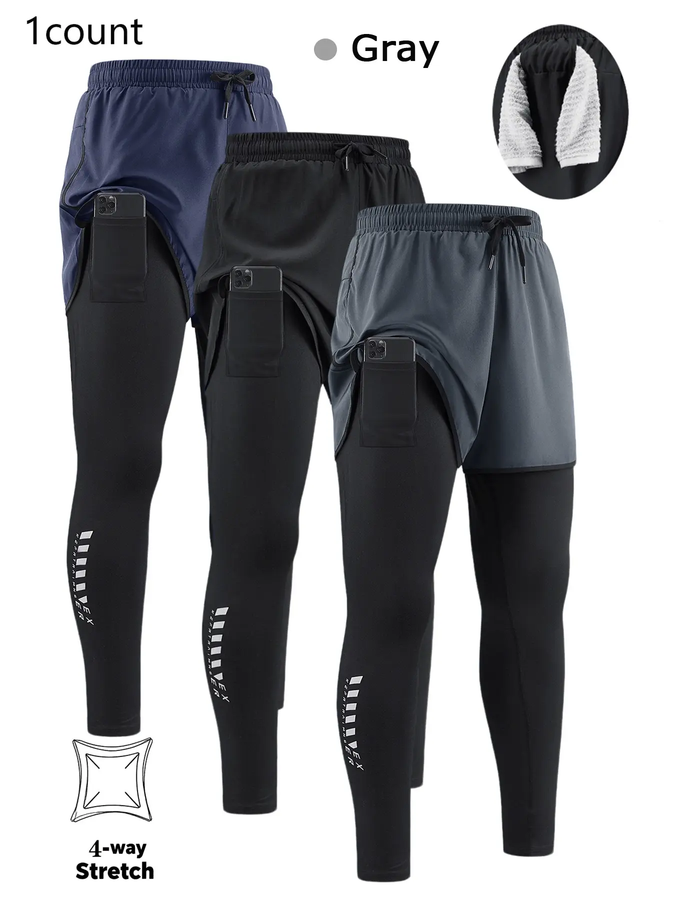 Men's  2-In-1  Quick Dry Breathable Elastic Running Pants with Elastic Waistband、 Phone Pocket & Towel Loop, Breathable Comfort Quick-Dry  Fabric for All Seasons,Perfect for Outdoor Running and Gym Workouts