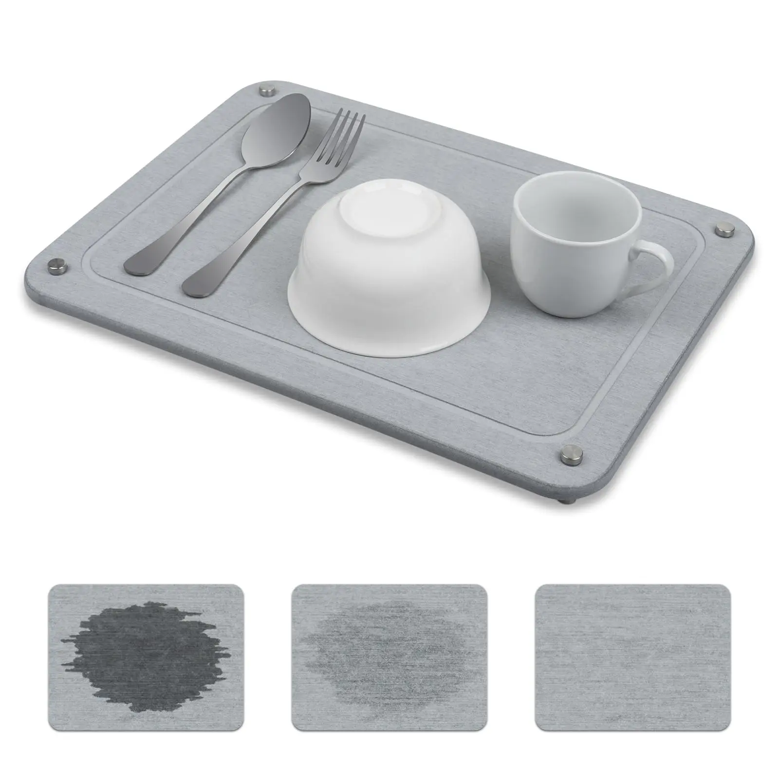 Gray Diatomaceous Quick-Dry Stone Drying Mat for Kitchen Counter, Water-Absorbent Tray for Tableware & Bottles, 15.8x11.8 in