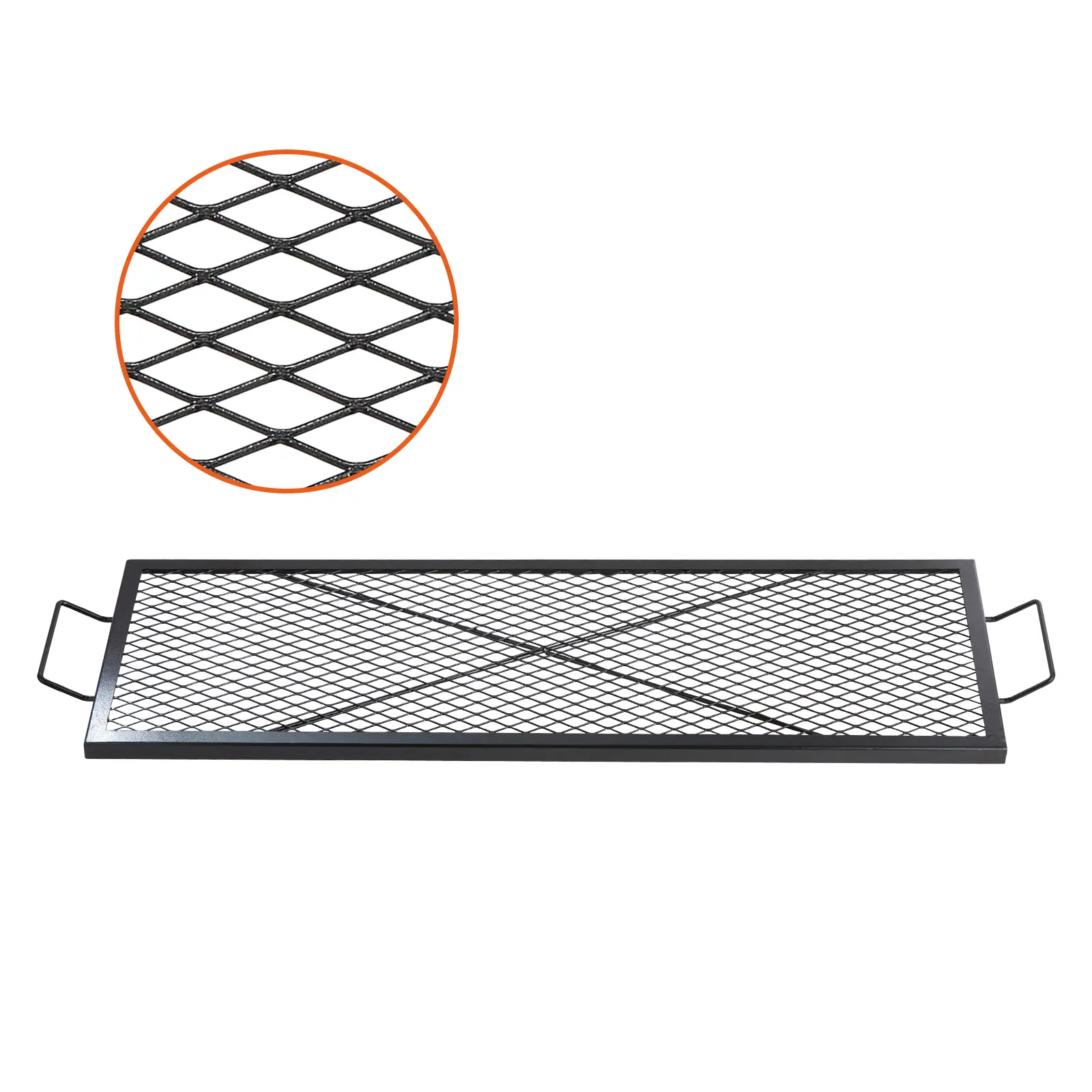 VEVOR 44x15 In Heavy-Duty Steel X-Marks Rectangle Fire Pit Grill Grate, with Handle, X-Wire Support, Portable Camping Cookware for Travel, Outdoor Barbecue Accessories, Skillet, Outdoors, Campfire / Bbq Party, Large Area, Rectangular, Diamond-Shaped Mesh,