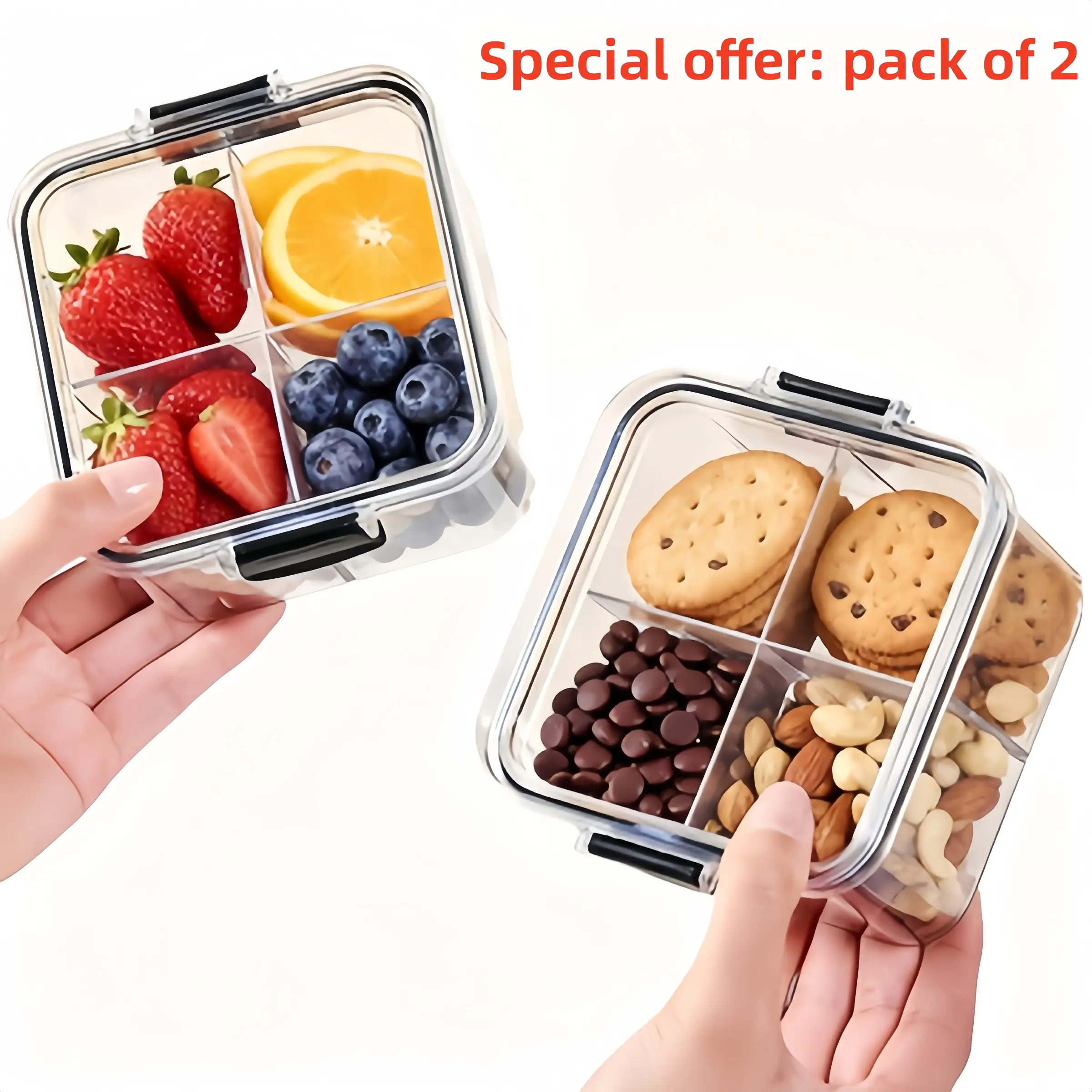 2/4-piece set of plastic square food storage containers with lids - 4-compartment airtight jars, rounded corner design, stackable for kitchen, fruits, grains, snacks, spices, and dry goods storage - sturdy base, transparent material, leak-proof seal
