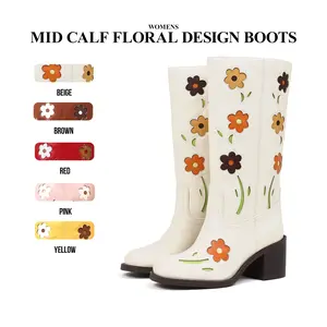 Womens Mid Calf Boots Square Toe Chunky Block Heel Pull On Fashionable Floral Design Cowgirl Bootie Comfy Walking Office Outdoor Clubing Dating Spring Wide Calf Boot Lolly Cowboy Boots