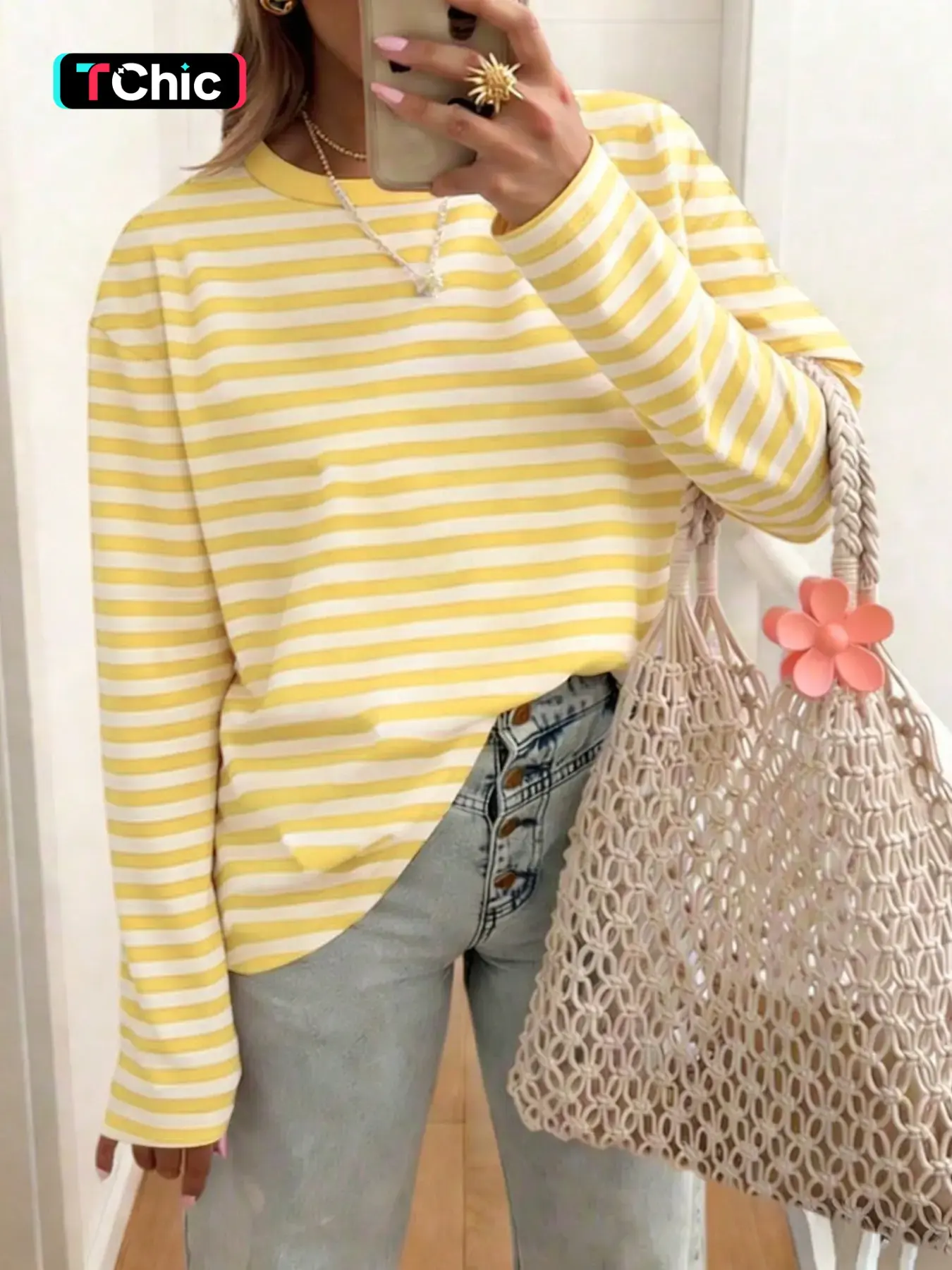Summer Casual Striped T-Shirt, Loose Fit Drop Shoulder Lazy Style Round Neck, Versatile Slimming Striped Top, Comfortable Everyday Wear