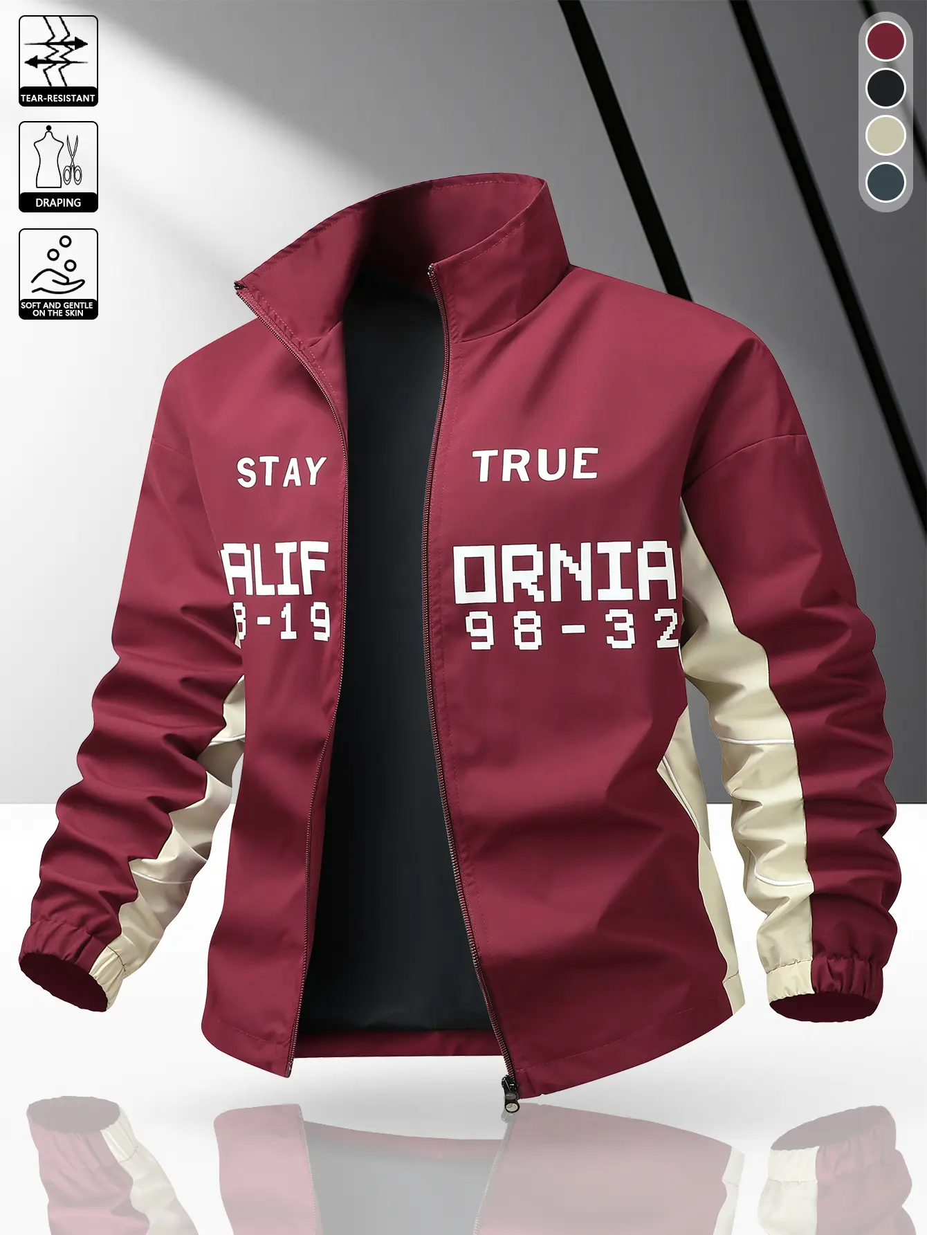 Men's American vintage jacket with California lettering and a stand collar | Wine red color-block trendy jacket | High-street printed casual jacket