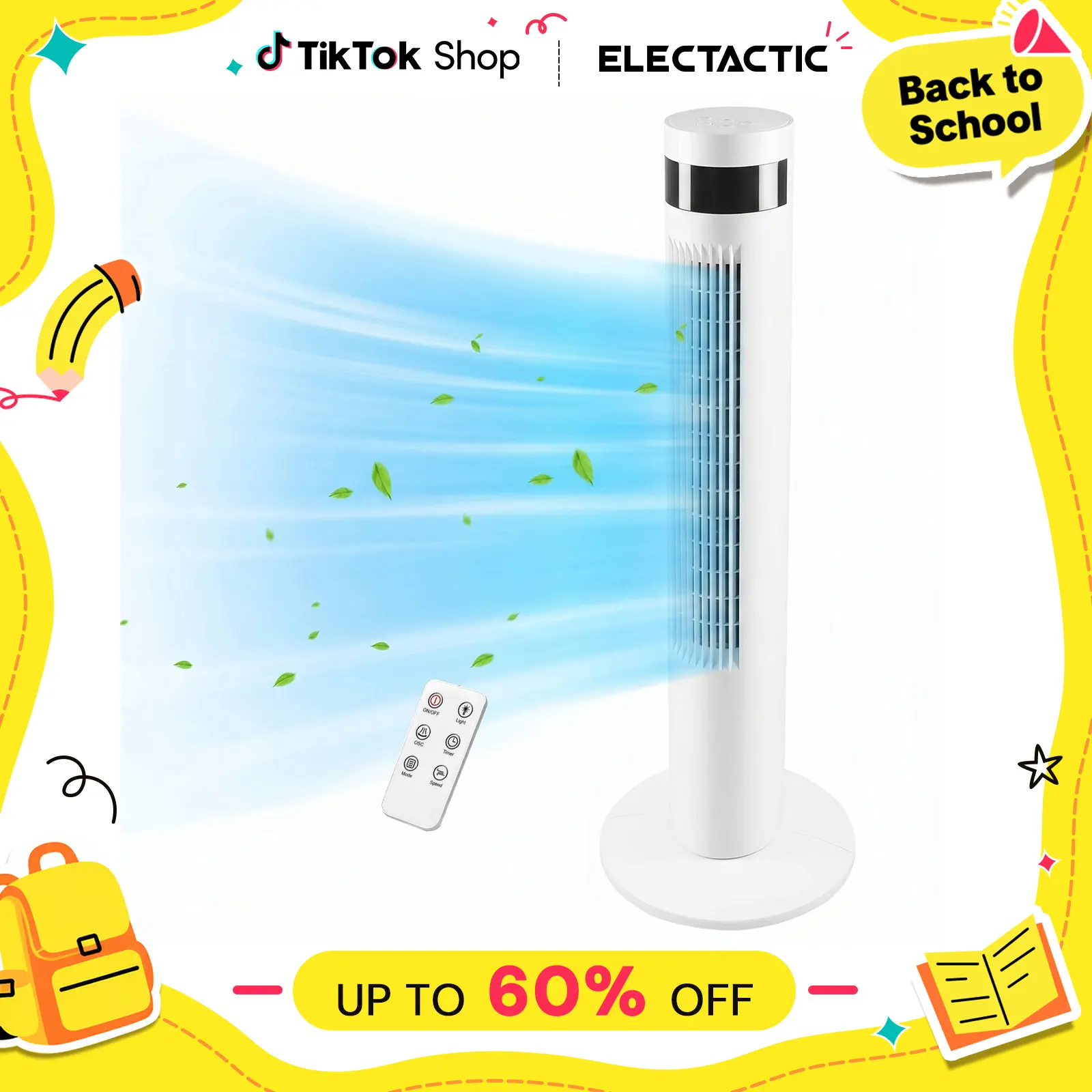 【NOT AC】Electactic Portable Tower Fan 36inch Quiet Bladeless Oscillating Floor Fan Remote Control 3-Speed Wind Mode 12H Timer for Bedroom Office Home,dorm essentials,home essentials