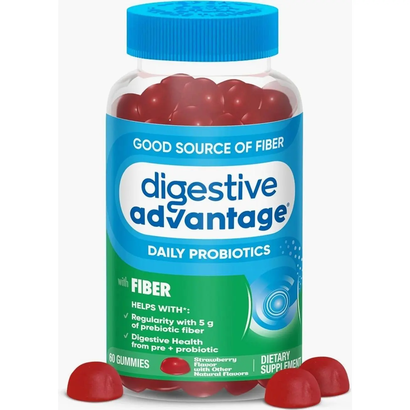 Digestive Advantage Prebiotic Fiber Supplement with Probiotics for Women & Men Digestive Health, Fiber Gummies for Adults Regularity and Gut Health, 60ct Strawberry Flavor