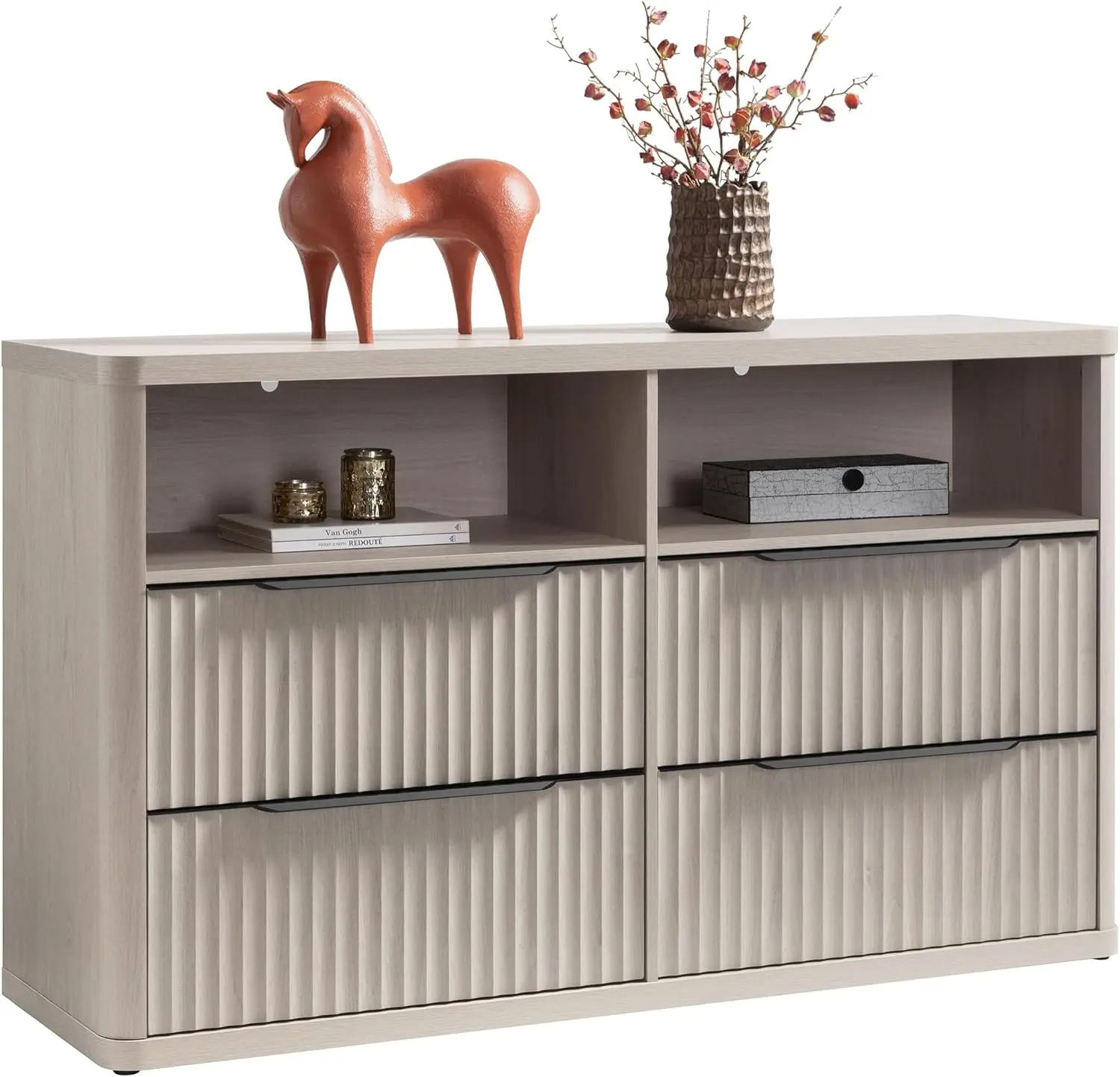 SICOTAS Dresser for Bedroom - 56.5" Wide Dressers & Chests of Drawers with 4 Drawers Large Modern Dresser for Closet with Open Shelf Fluted TV Stand Clothes Closet Storage for Bedroom Hallway Entryway