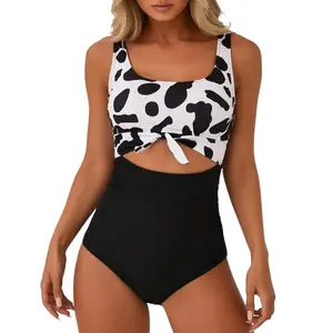Women's Cow Print Two Piece Swimsuit, Square Neck Front Tie Crop Top & High Waist Ruched Bottoms, Retro Tummy Control Bathing Suit