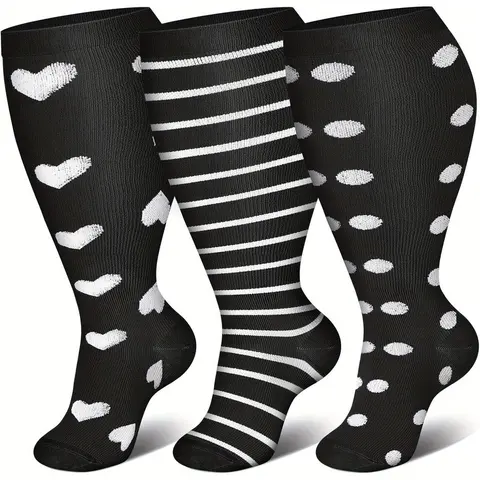Women's 3-Pair Extra Wide Calf Compression Socks - Unisex Over-the-Knee 20-30 mmHg Anti Slip Workout Active Socks, Breathable All Seasons Fabric, Less Sweat, Soft Stay-in-Place Wide Top Band