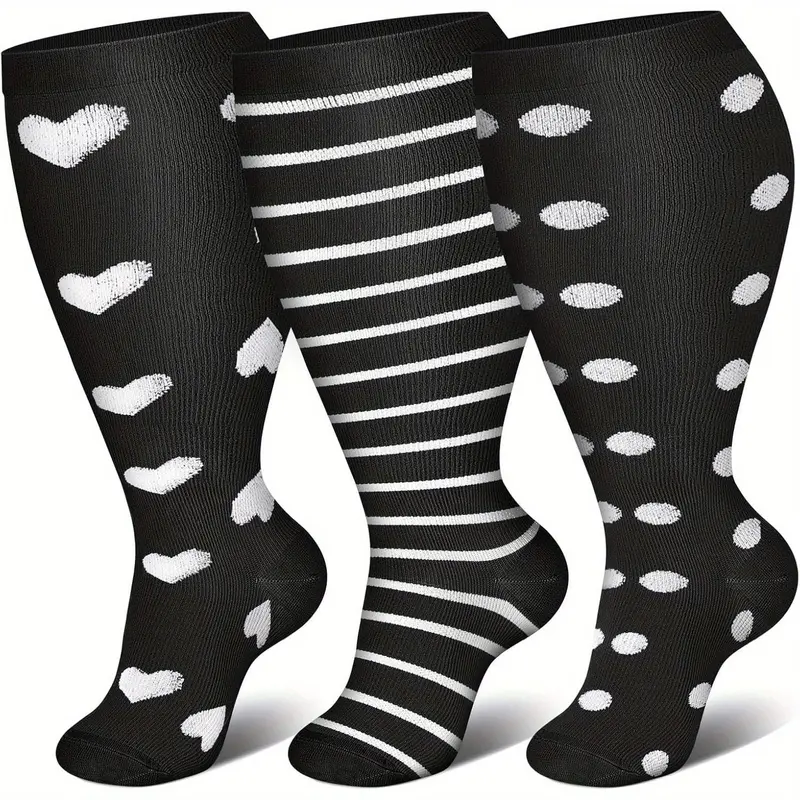Women's 3-Pair Extra Wide Calf Compression Socks - Unisex Over-the-Knee 20-30 mmHg Anti Slip Workout Active Socks, Breathable All Seasons Fabric, Less Sweat, Soft Stay-in-Place Wide Top Band
