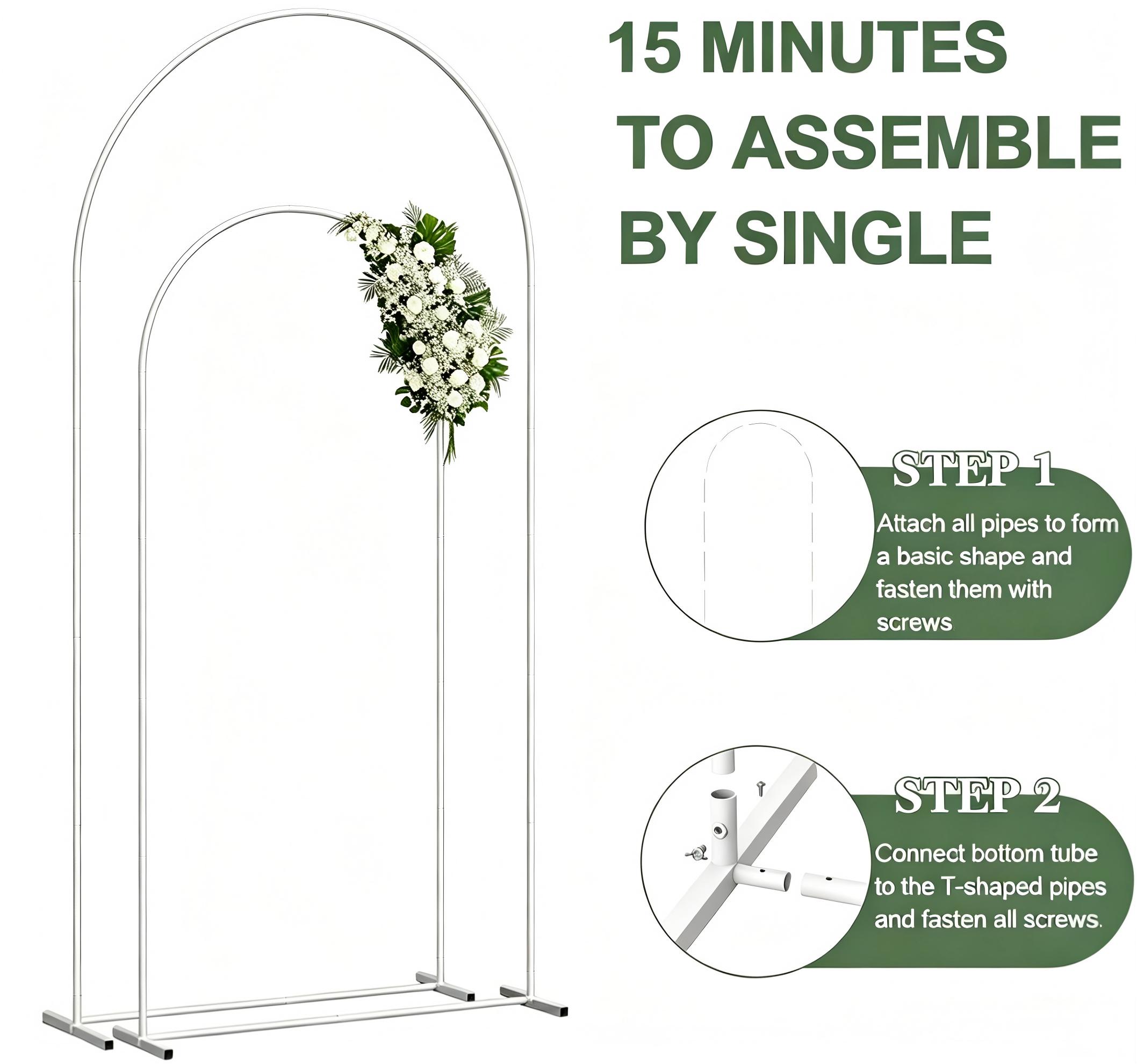 White Heavy-Duty Metal Arch Backdrop Stand Pack (Set of 2) - 7.3FT & 6FT Double Curved Frames, Stretchy Photo/Floral Kit for Wedding Ceremony, Indoor/Outdoor Party Decor
