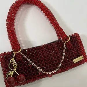 Amaya Handmade Beaded Shoulder Bag for Outing - Red cherry charm Crystal Accents & Gold cherry Chain