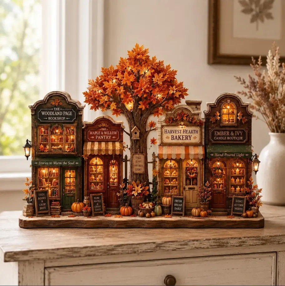 Autumn Village Wooden Block, Fall House Shelf Decor, Thanksgiving Farmhouse Gift