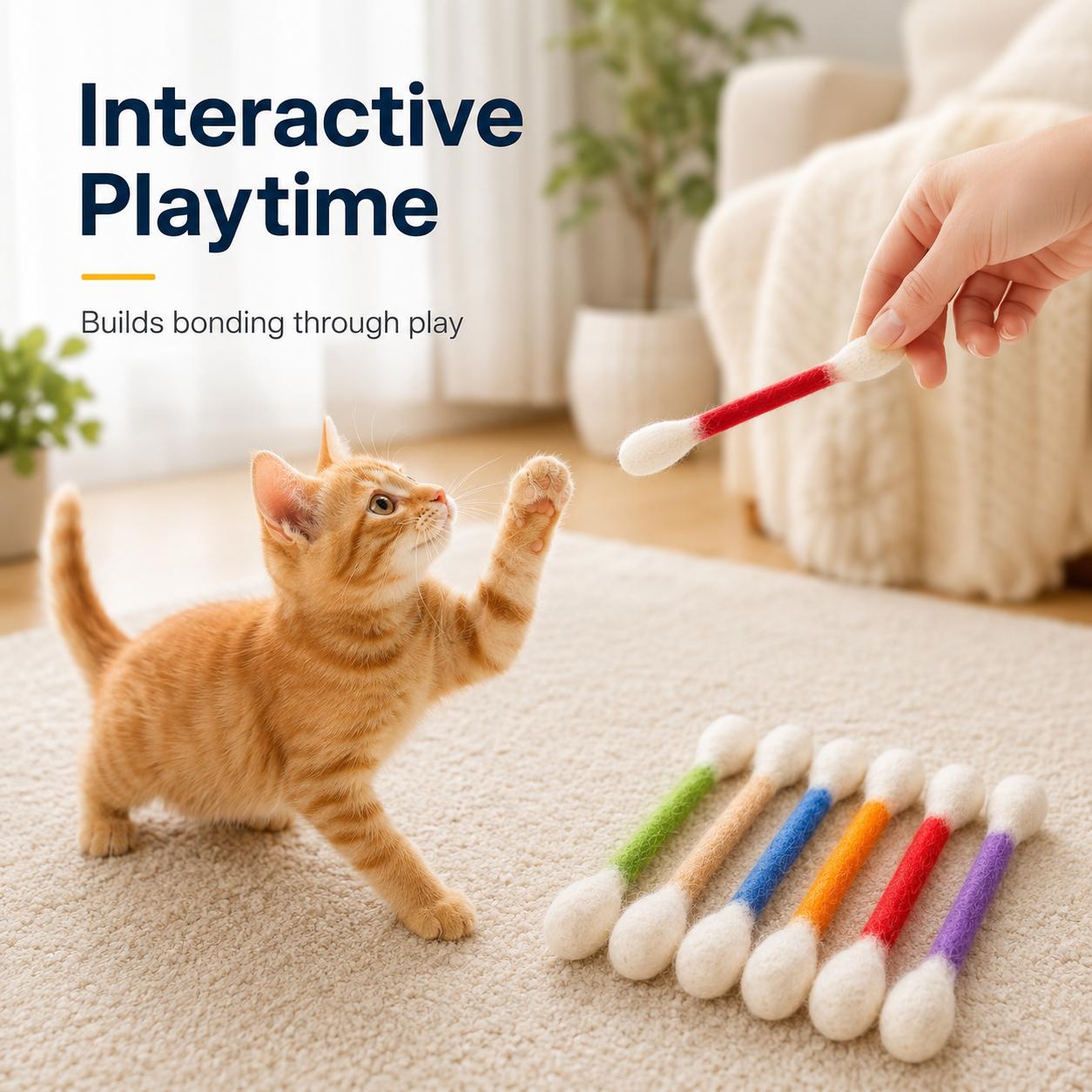 6-Pack Giant Q-Tip-Shaped Cat Toys, Soft Felt Cotton Swab Teething Sticks, Durable Interactive Play Indoor Use Pet Accessories for Kittens, Dental Cleaning, Anxiety & Boredom Relief Daily Entertainment Gifts