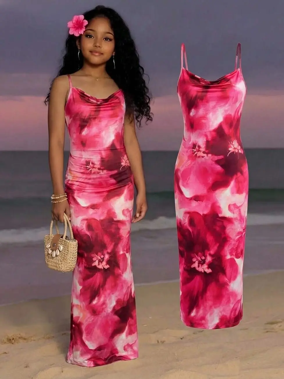 Teen Girls White Floral Spaghetti Strap Dress, Flowy Silk Maxi Dress for Beach Vacation