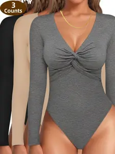 1/2/3 Counts Women's Long Sleeve V Neck Jumpsuit, Thermal Comfortable Bodysuit, Ruched Wrap Bodysuit, Twisted Chest Basic Tops, Lady Slim-Fit Underwear, Warm Shapewear Tee, Womenswear, Suitable for Outing and Party