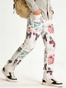 Unisex Floral Butterfly Print Jeans Vintage Washed Straight Leg Loose Fit Bohemian Street Style Frayed Hem Multi-Pocket Denim Pants