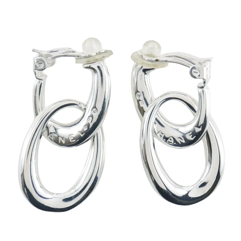 Pre-owned CHANEL Sterling Silver 925 (Ag925) Small Leather Goods Double Hoop Silver 925 Earrings