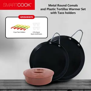 SmartCook Tortilla Warmer & Comal Set - 8" & 11" Non-Stick Griddles, Taco Holders, Roti Press & Microwave-Safe Warmer Kitchen Oven Utensils Lid