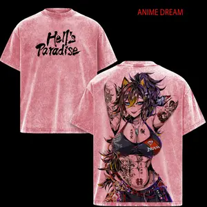 Yuzuriha Hell’s Paradise Anime Double Printed Vintage Washed Tee Unisex Oversize Anime Manga Washed Heavyweight Cotton T-shirt