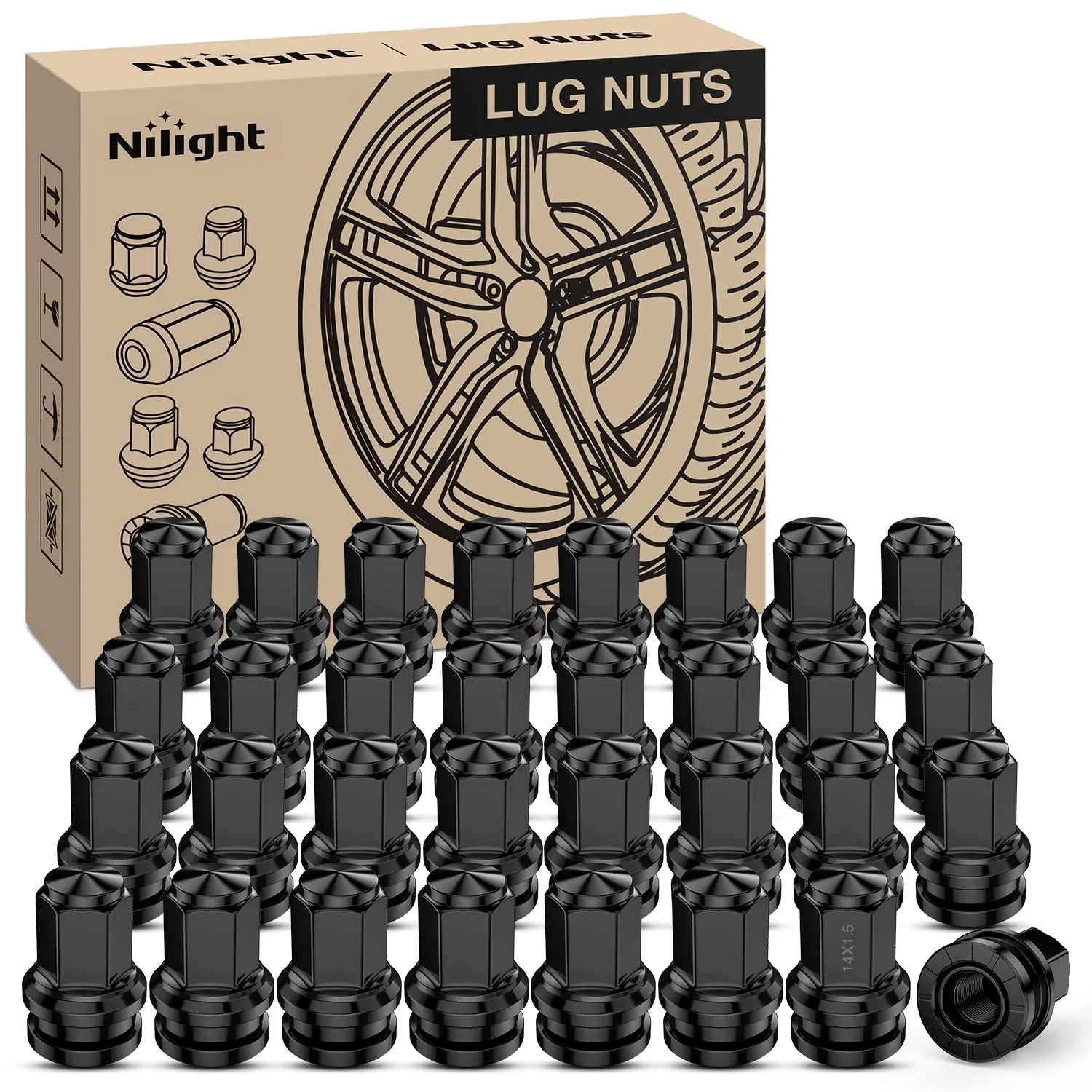Nilight 32PCS M14x1.5 Lug Nuts Closed End Compatible with 2017-2025 Ford F250/F350 Mag Seat One-Piece Solid Black Steel OEM Factory Wheel Nuts Replace