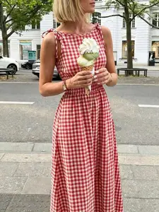 New Plaid Women's Long Sleeveless Dress, Bow Tie and Ruffle Waist, Casual Office Minimalist Style, Perfect for Vacation Daily Summer Wear, French Style Dress