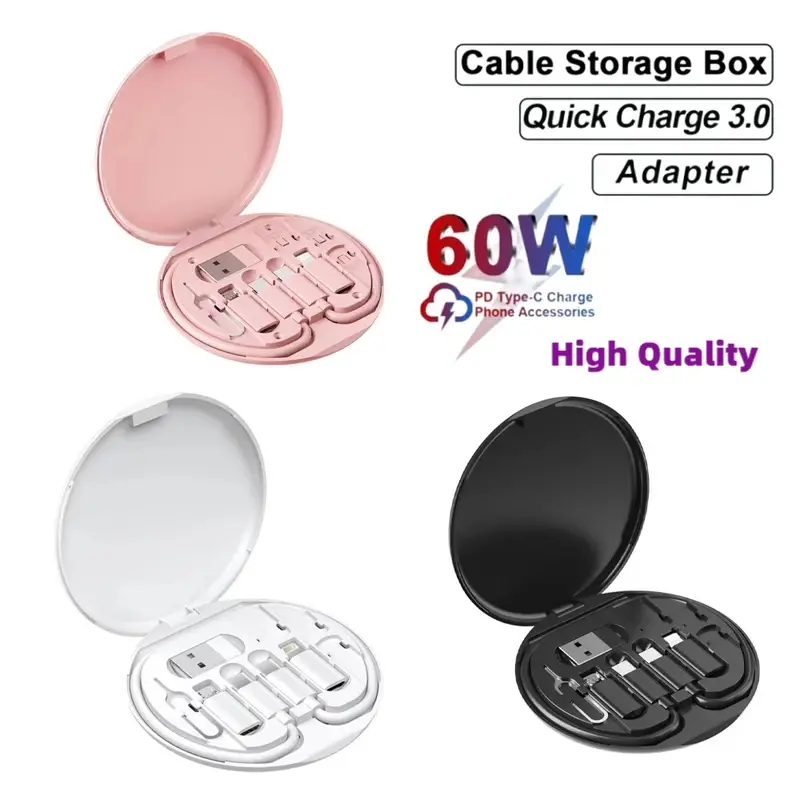 Multi USB Type C to C 60W Charging Adapter Cable Kit Cellphone USB C to Lighting Conversion Set USB A & Type C to Micro/Lighting/Type C Cable Storage Box Charging Cables