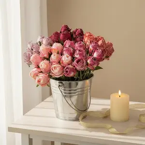 Angola Burnt Edge Rose Vintage Artificial Bouquet Faux Retro Blooms for Wedding Centerpiece Dining Table Decor Floral Arrangements Photography Styling Silk Material Pink Flower Ornaments