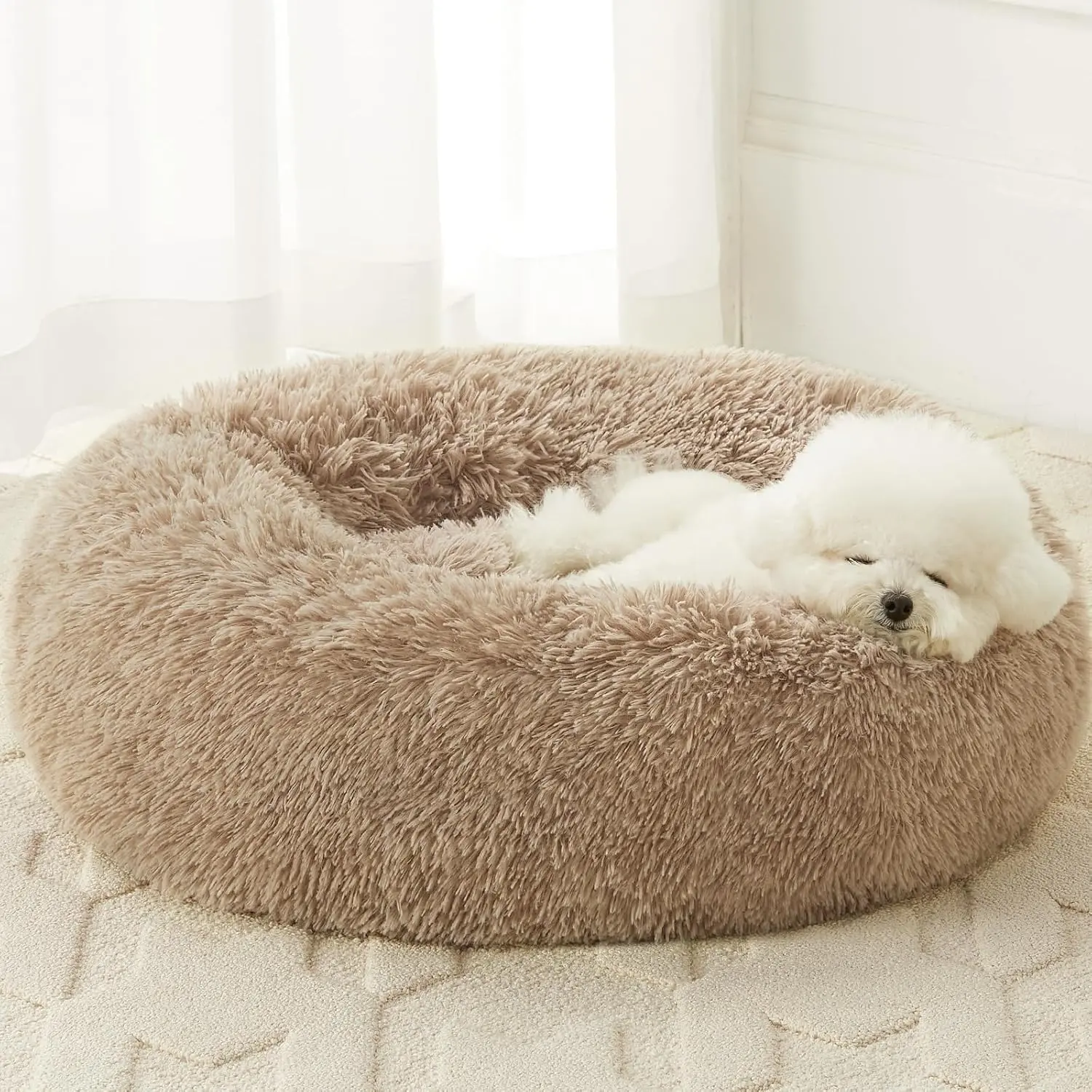 BFPETHOME Calming Donut Dog & Cat Bed - 25D Foam Cushioned, Anti-Anxiety Snap Design, Deep Sleep Support, Fluffy Bedding, Machine Washable, Cold Water Safe, 30x30x8 in, Navy Grey, for 45 lbs Small Dogs/Large Cats