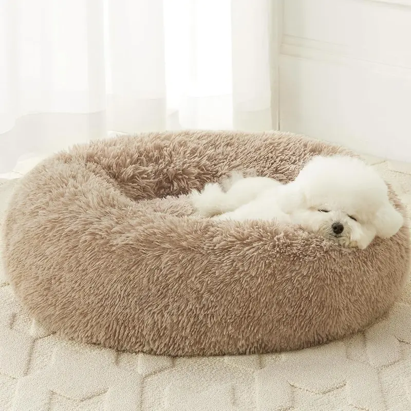 BFPETHOME Calming Donut Shaped Fluffy Cloud Dog & Cat Bed - 25D Foam Cushioned, Anti-Anxiety Snap Design, 3D 15D Support, Deep Sleep, Machine Washable, Cold Water Safe, 30x30x8in, Navy Grey, 45lb Capacity, Ideal for Indoor Napping Small Dogs/Large Cats, S