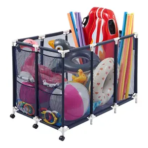 VEVOR Pool Storage Bin, 47.2x 30.2x 34 in, Rolling Pool Float Storage Organizer with Side Pockets Casters, Heavy Duty Plastic Frame, Poolside Toys Noodles Holder Mesh Basket for Swimming Pools
