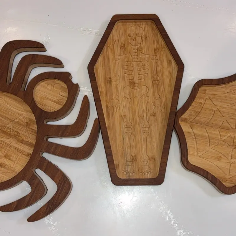 Bamboo Tri-layer Halloween Decor Snack Tray with Spider and Coffin Designs for Spooky Fun