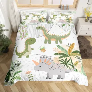 Kids Cute Dinosaur Bedding Set Cartoon Green Dinosaur Duvet Cover for Boys Girls Teens Cute Animal Comforter Cover Set Coconut Plant Bedspread Cover Zipper