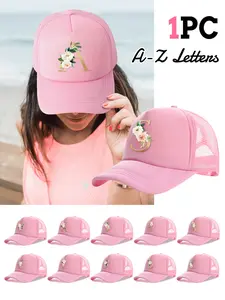 1PC pink truck cap with a single-letter floral pattern print, a stylish and versatile breathable baseball cap with A-Z options suitable for summer beach wear, suitable for daily and outdoor activities