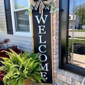 Welcome Porch Leaner | Porch Decor | porch welcome sign 4ft tall front porch sign with bow, greenery and wooden beads