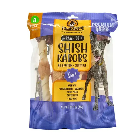 Hubert Premium Natural Dog Treats - 10-in Triple-Flavored Rawhide Shish Kabobs (Liver+Sweetpotato, Chicken+Duck Breast), 1.8 lbs Universal Re-seal Bag, Energy-Packed Protein-Boosted Puppy Training Treats for All Ages Active Pups