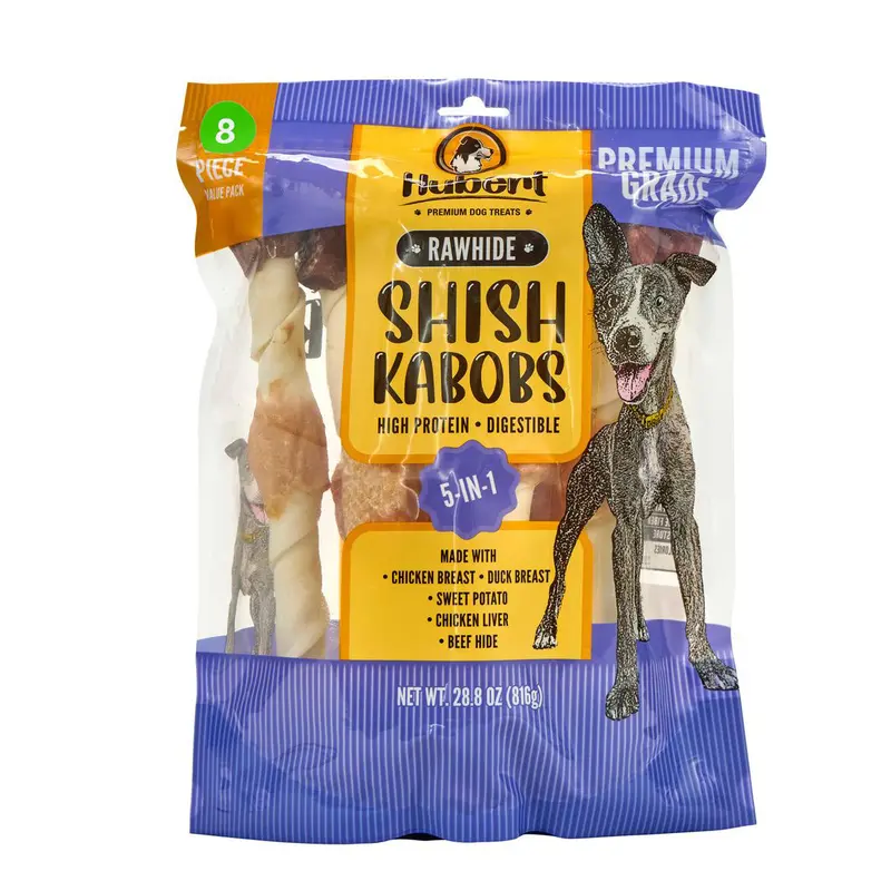 Hubert Premium Natural Dog Treats - 10-in Triple-Flavored Rawhide Shish Kabobs (Liver+Sweetpotato, Chicken+Duck Breast), 1.8 lbs Universal Re-seal Bag, Energy-Packed Protein-Boosted Puppy Training Treats for All Ages Active Pups