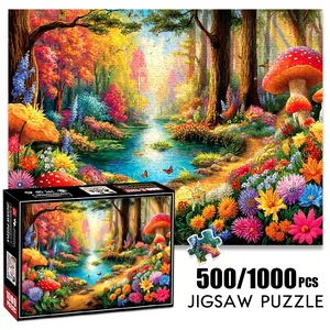 1pc 1000 piece adult puzzle 70x50cm Enchanted Forest with Flowers, Mushrooms and Butterflies 500 pieces of paper jigsaw puzzle, suitable for adults and families, large-scale DIY puzzle interactive t