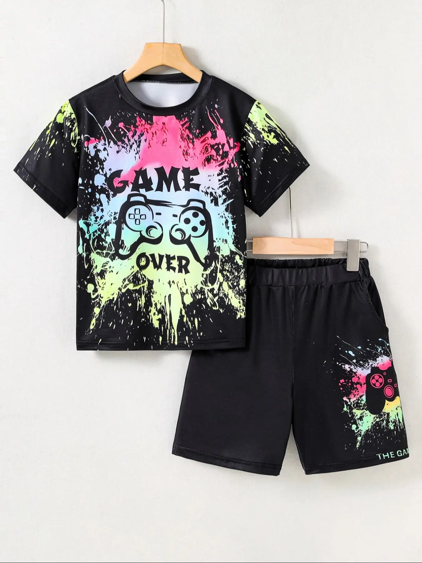 Two-Piece Set Boy's Game Console Print Short Sleeve Tee & Pocket Shorts Set, Casual Fashion Round Neck T-shirt & Shorts for Daily Wear, Kids Summer Cl