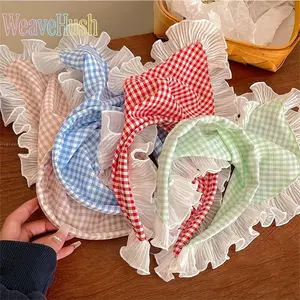 4Pcs Lace Triangular Headscarf, Summer French Plaid Lace Hair Streamer, Pastoral Versatile Tied Hair Headband Accessories for Women