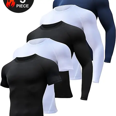 HOPLYNN Men's 5-Pack Compression Sports Tops - Train-All-Day Pack, Crew Neck Stretch, Fast-Dry Fabric, Fitted, UV Protection, Solid Pattern, All-Season, Long/Short Sleeves Exercise Activewear for Gym, Lifting