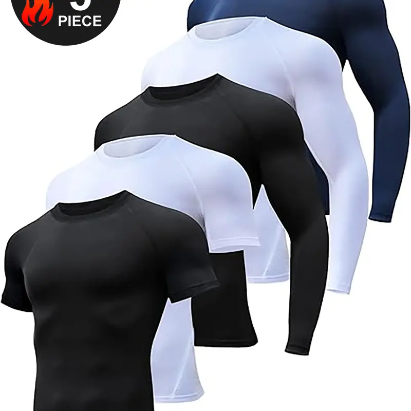 HOPLYNN Men's 5-Pack Compression Sports Tops - Train-All-Day Pack, Crew Neck Stretch, Fast-Dry Fabric, Fitted, UV Protection, Solid Pattern, All-Season, Long/Short Sleeves Exercise Activewear for Gym, Lifting