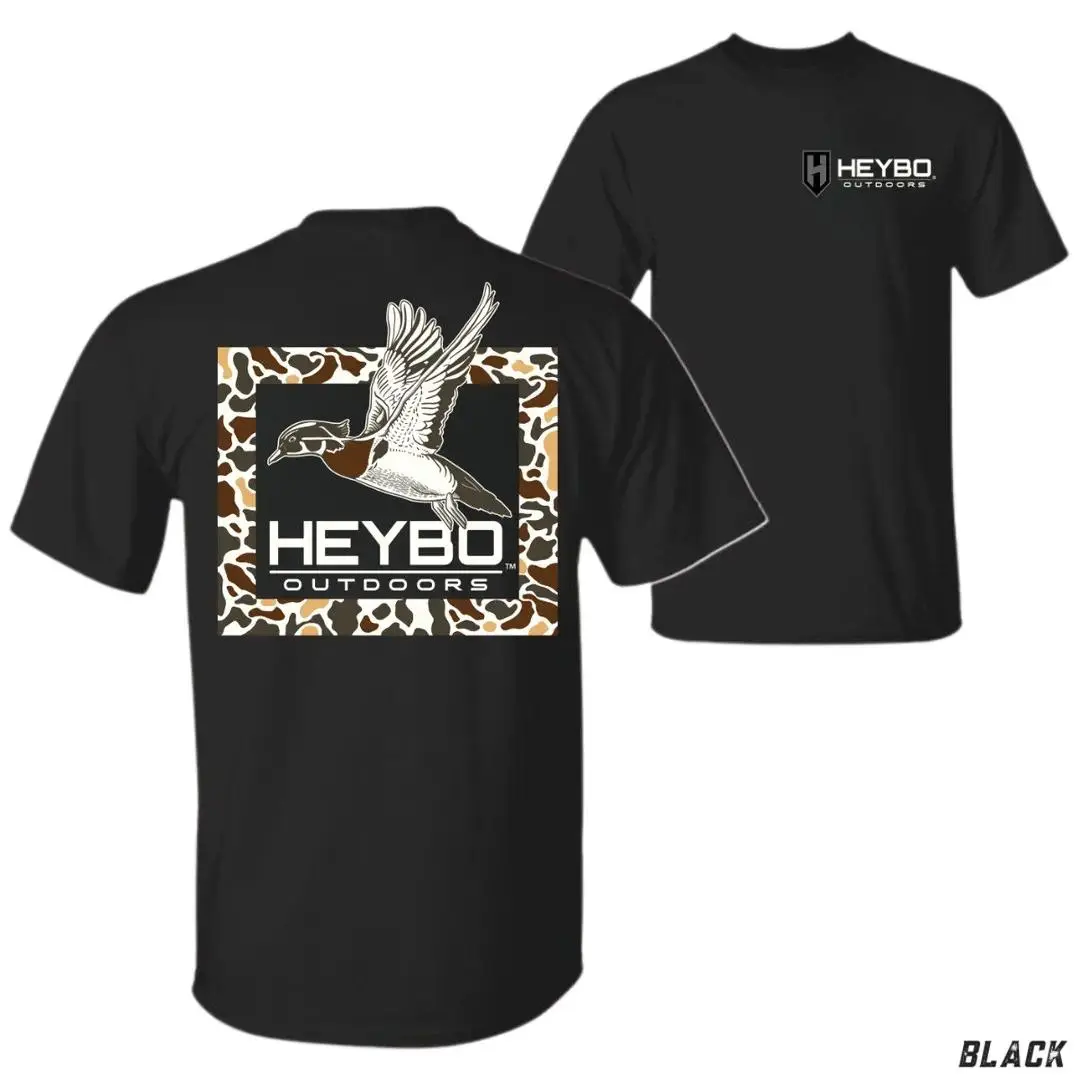 Women's Shortsleeve Round Neck Heybo Outdoors T-Shirt - Unisex Soft Relaxed Fit, Flying Duck Camo Graphic, Machine Washable - Streetwear Vacation Top