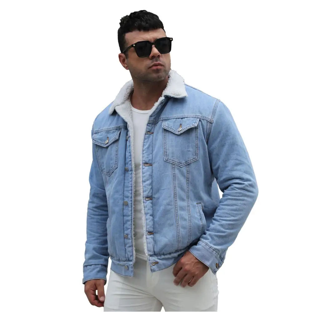 Men's Fleece Jean Jacket Warm Winter Coat Cotton Sherpa Lined Heavyweight Fur Denim Trucker Jacket for Men Classic Menswear