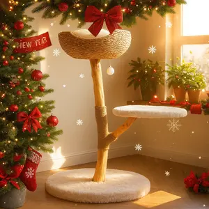 CAMTTIR Natural Wooden Cat Tree Tower – Modern Cat Condo with Dangling Ball, Cozy Baskets, Scratching Posts, for Large Indoor Cats, Solid Wood Aesthetic Pet Furniture（35" Tall)