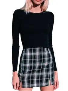 Rosegalette Women's High Waist Plaid Slit A-Line Mini Skirt, Cotton & Polyamide Blend, Elastic Waist, Comfortable Fit, Versatile for Fall & Winter, Classic Plaid Womenswear Bottoms outdoorfun
